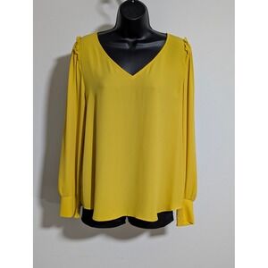 LOFT Yellow Blouse Long Sleeve Ruffle Detail V-Neck Top Size Medium